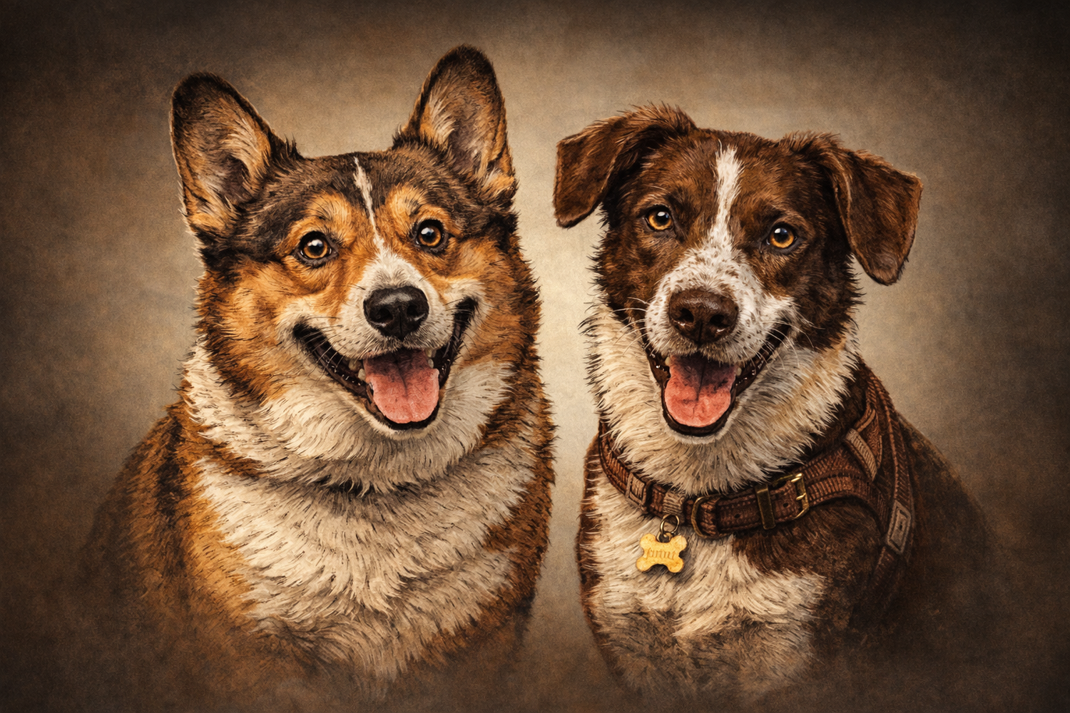 Two dogs sitting side by side against a brown background